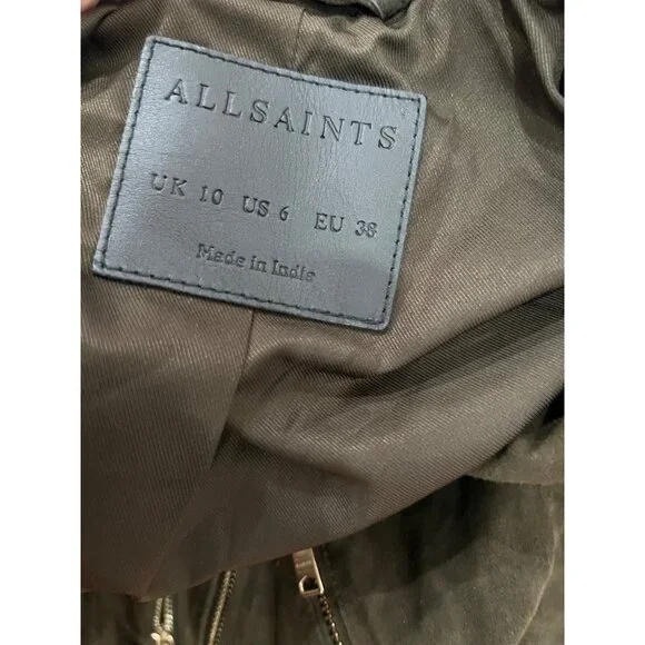 ALL SAINTS $569 Suede Balfern Biker Jacket Size 6 in Tarmac Green